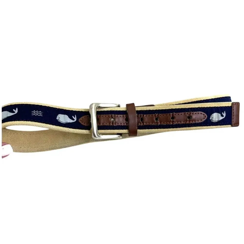 Vineyard Vines Boys Whale Canvas Leather Belt Medium 26-28 Preppy Coastal